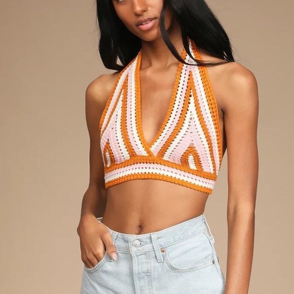 LULUS Groovy Vibes Cream Multi Knit Halter Cropped Sweater Crochet Tank Top - Picture 2 of 9